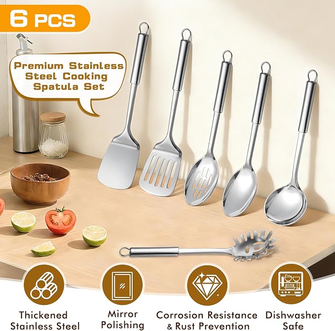 6 Pcs Cooking Utensils Set, Stainless Steel Kitchen Utensils, Heat Resistant - Image 3