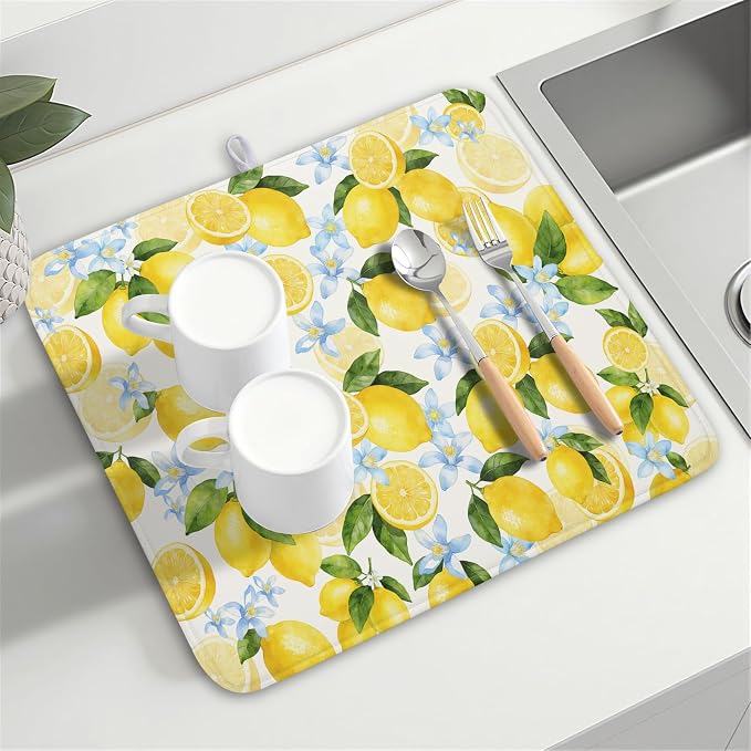 Kawani Lemon Dish Drying Mat 16x18 Inch Absorbent Reversible Spring Summer - Image 8