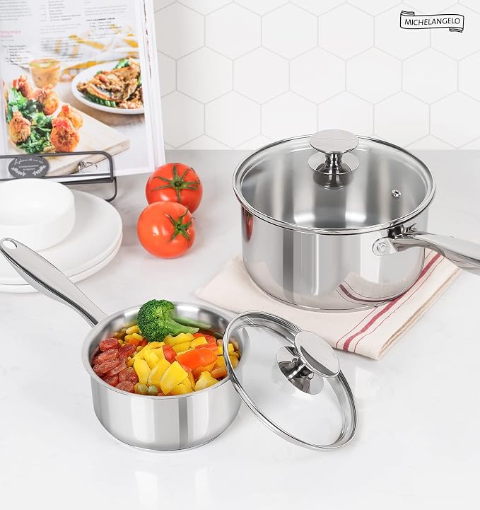 MICHELANGELO 1Qt & 2Qt Tri-ply Stainless Steel Saucepan Set, Small Cooking Pots - Image 7