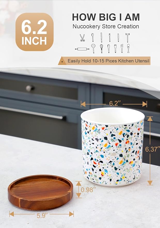 Nucookery 360°Rotating Utensil Holder, 7.2" Large Utensil Crock, Farmhouse - Image 2