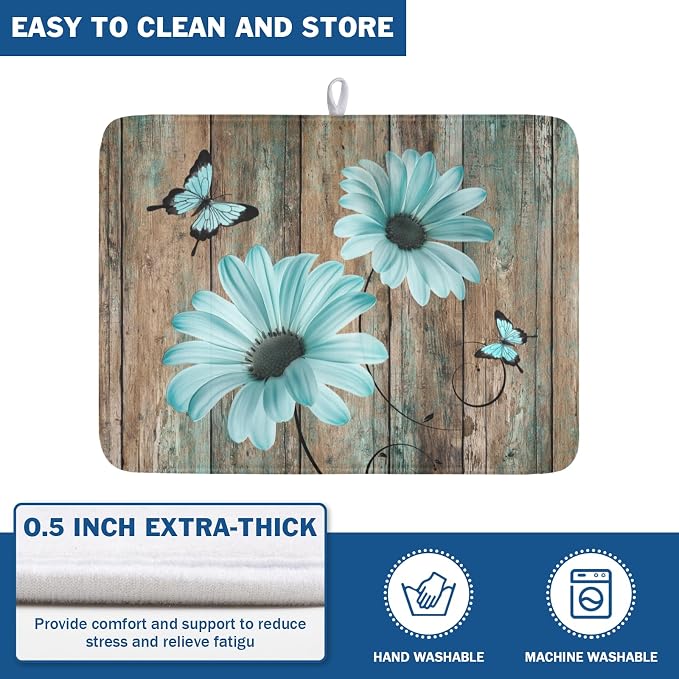 Teal Sunflowers Drying Mat 24x18 Inch, Summer Wooden Board Drying Mat - Image 5