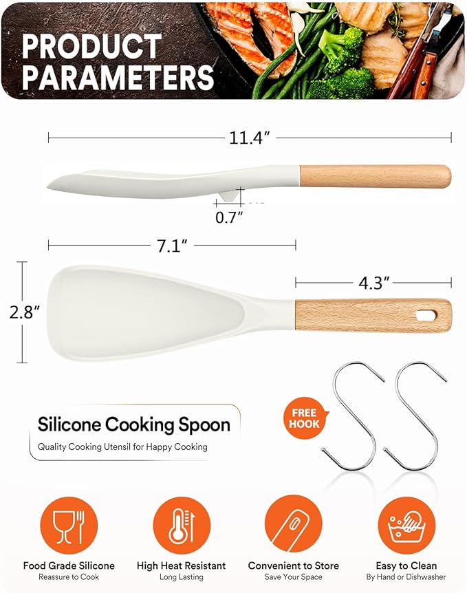 Cooking Spoon for Nonstick Cookwares, Wood Handle Spoon for Mixing, and Scrape - Image 2