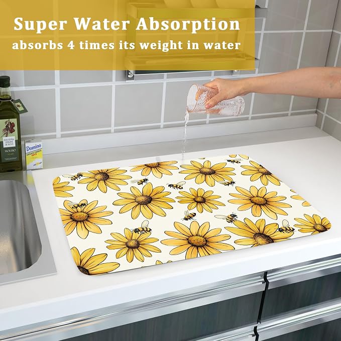 Spring Summer Sunflower Bee Dish Drying Mat of Kitchen Counter 16×18 Inch - Image 7