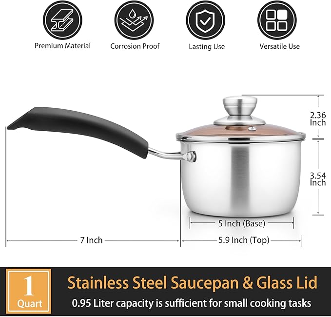 P&P CHEF 1 Quart Saucepan Small Pot, Stainless Steel Saucepan - Image 2