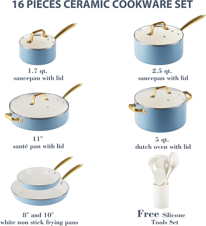 Ceramic Cookware Set, VONIKI 16 Pcs Pots and Pans Set Non Stick, Kitchen - Image 2