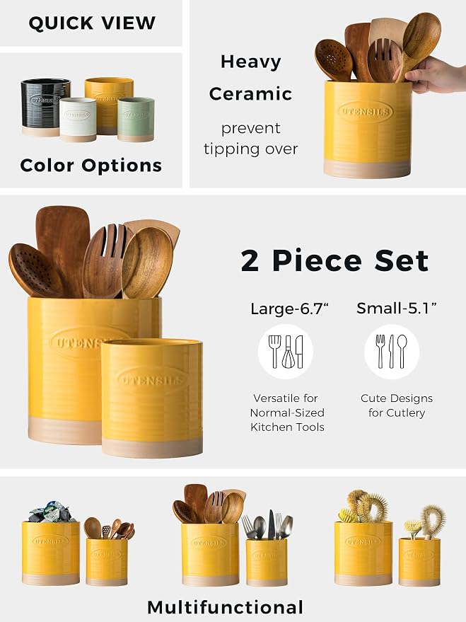YHOSSEUN Kitchen Utensil Holder Set of 2, Ceramic Utensil Holder - Image 7