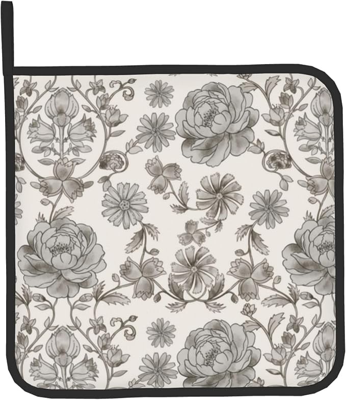 Vintage Flowers Oven Mitts and Pot Holders Sets Boho Kitchen Gloves White Grey - Image 9