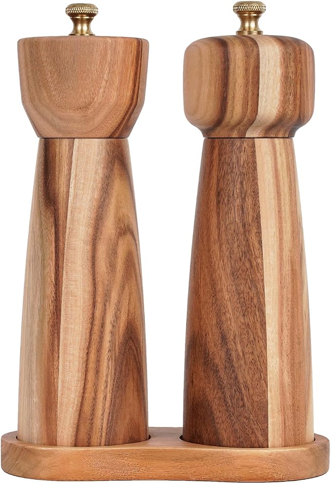 Salt and Pepper Mill Set with Tray, Adjustable Ceramic Grinder Salt Mill by DeroTeno