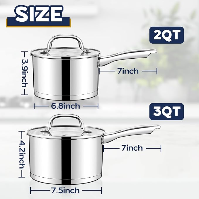 LIANYU Stainless Steel Saucepan Set of 2, 2QT & 3QT Sauce Pan - Image 2