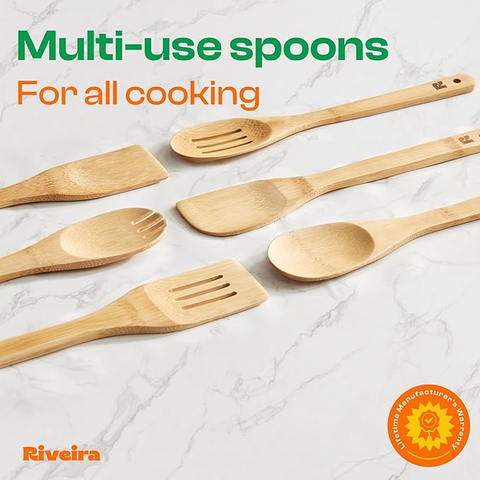 Riveira Bamboo Cooking Spoons 6-Piece – Wooden Cooking Utensils Set - Image 4
