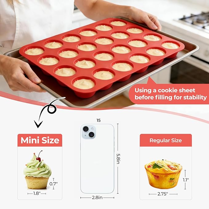 CAKETIME Silicone Mini Muffin Pan, 24 Cups Mini Cupcake Pans Silicone Muffin Tin - Image 3