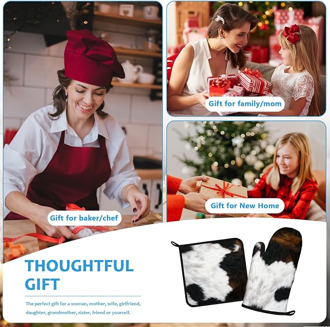 Brown Cowhide Oven Mitts and Pot Holders Sets Heat Resistant 4Pcs Potholders - Image 7