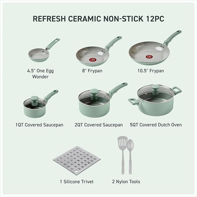 T-Fal Refresh Ceramic Nonstick Cookware Set, Oven Safe Up to 350ºF, Includes - Image 2
