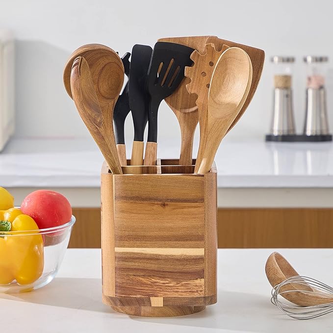 Wood Utensil Holder for Kitchen Counter, 360° Rotating Kitchen Utensil Holder - Image 2