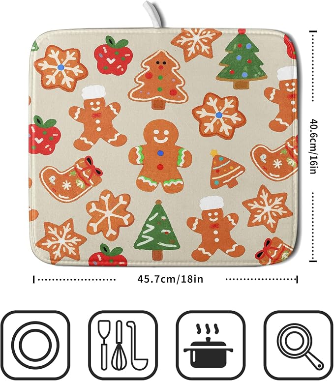 Christmas Dish Drying Mat for Kitchen Counter 16x18 Cute Gingerbread Themed - Image 2