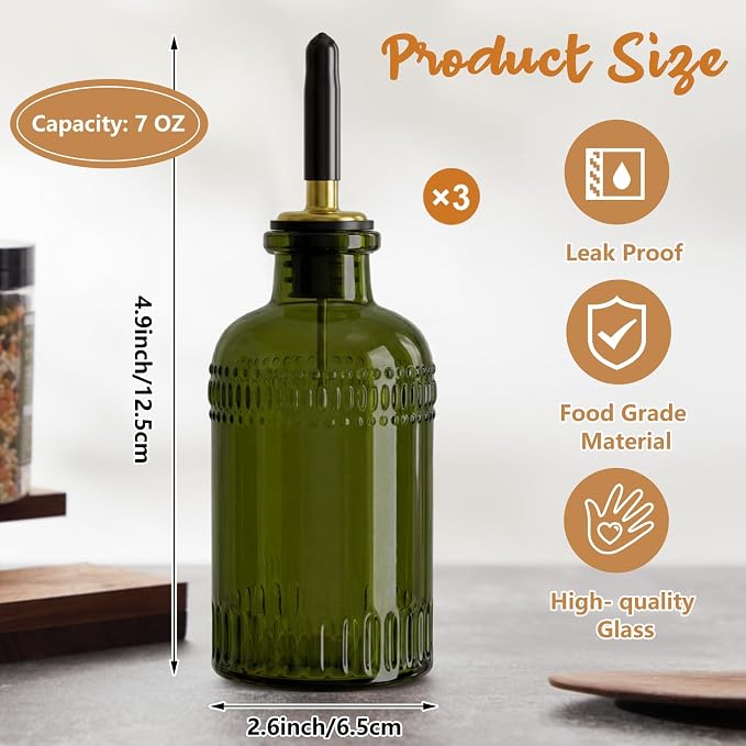 3 Pack Olive Oil Dispenser 7oz, Olive Green Glass Bottle - Image 2