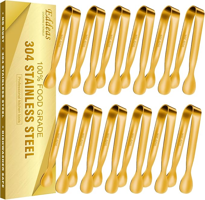 EDDEAS 12 PCS Small Serving Tongs, 4.3" Mini Gold Tongs, Coffee Bar, Tea Party by Eddeas