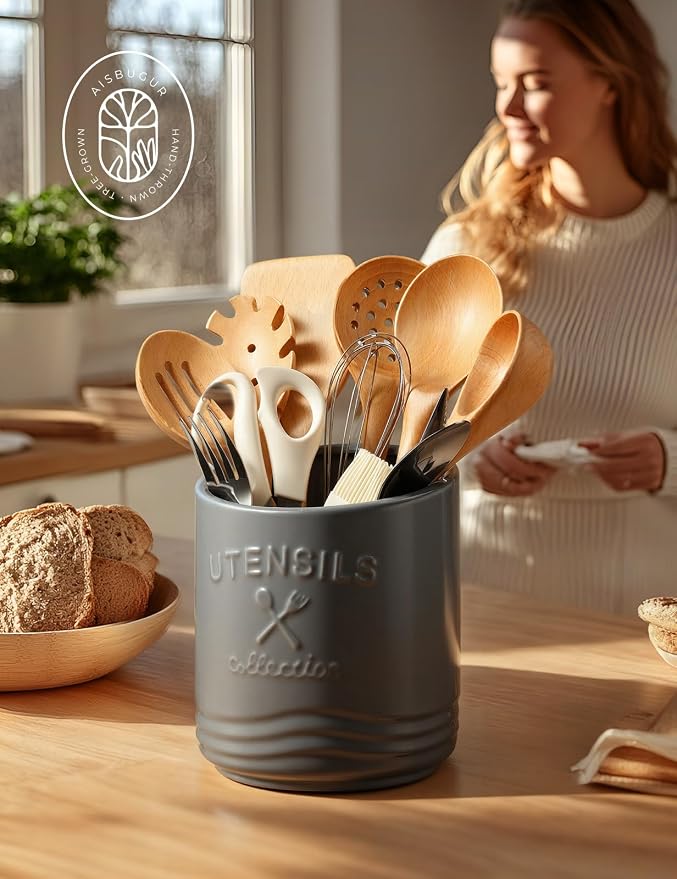 AISBUGUR Large Ceramic Utensil Holder 7.5" H×6.3" W - Image 6