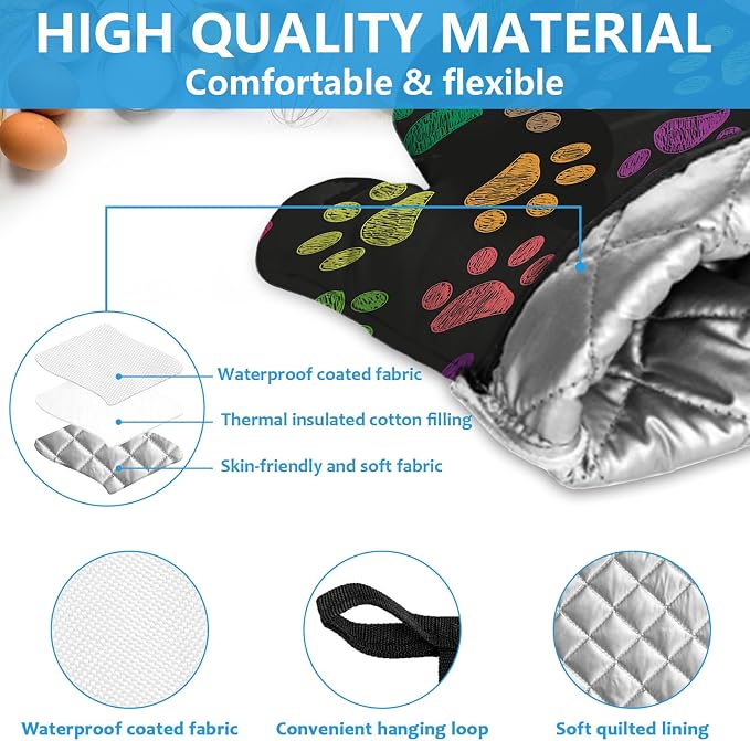 Colorful Paw Print Oven Mitts and Pot Holders Sets Heat Resistant 4Pcs - Image 3