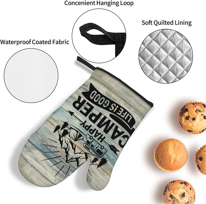Happy Camper Oven Mitts and Pot Holders Sets of 4, Resistant Hot Pads - Image 4