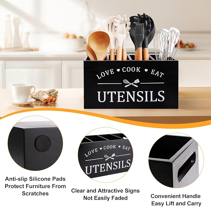 Black Farmhouse Utensil Holder for Kitchen Counter Extra Large Cooking Utensil - Image 2