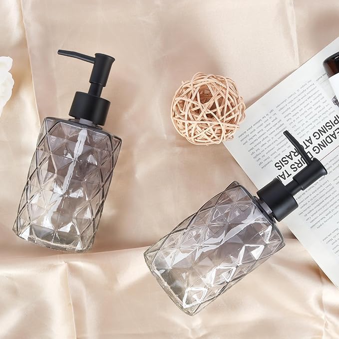 Glass Soap Dispenser with Plastic Pump, 2 Pack 12oz Gradient Diamond Design - Image 4