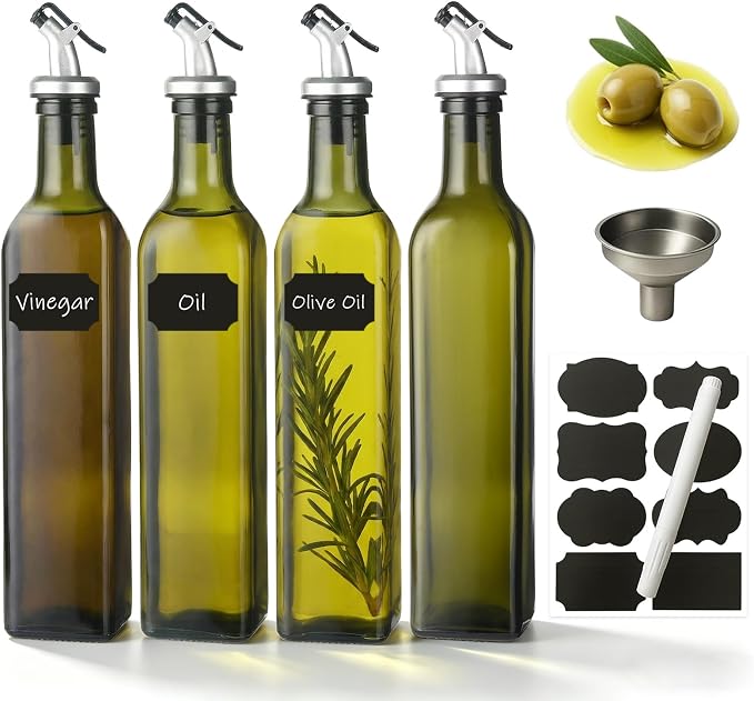 WERTIOO 4Pack Green Olive Oil Dispenser Bottle, 17 OZ Glass Oil Dispenser by WERTIOO