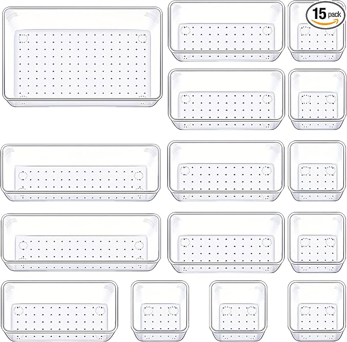 Manalete Drawer Organizers Set of 15, 4 Sizes Clear Plastic Drawer Organizers by Manelete