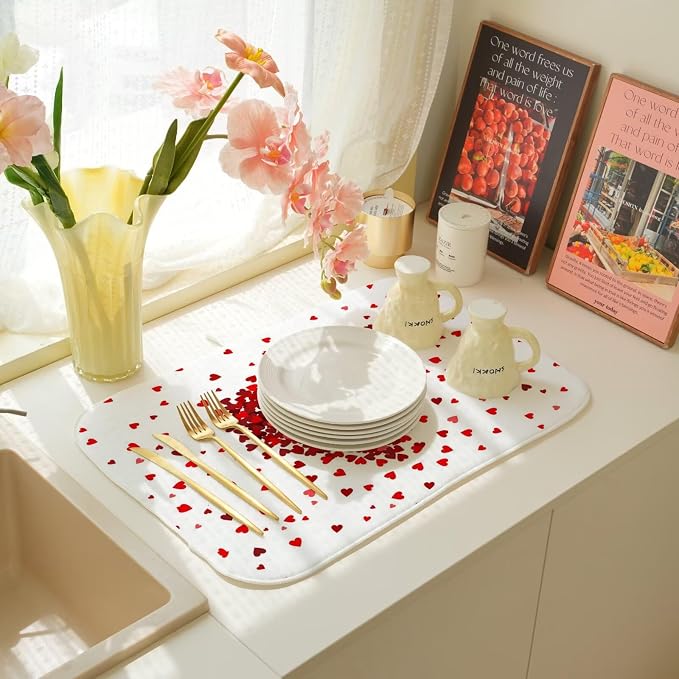 Valentines Day Dish Drying Mat 18 x 24 inch Red Hearts Decorative Drying Mats - Image 7