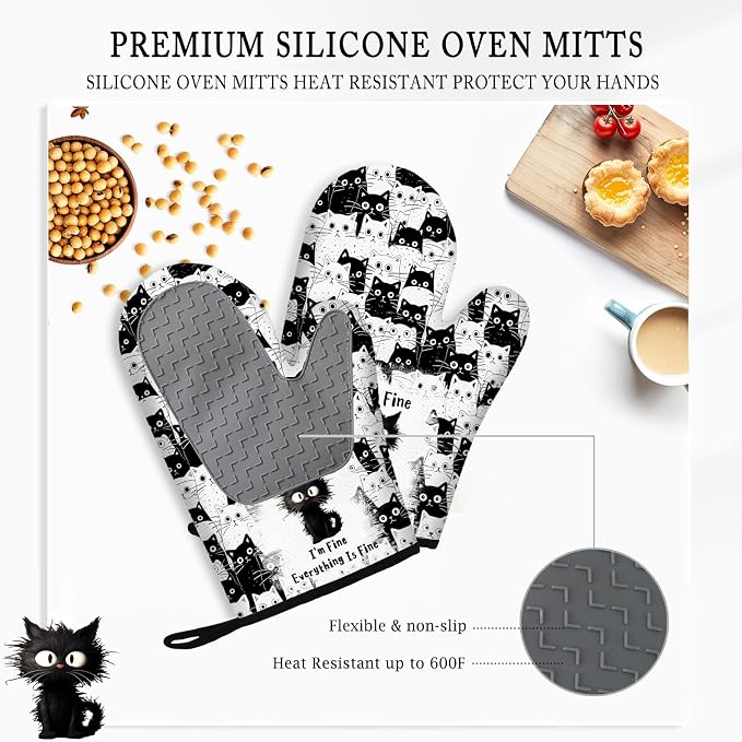 Black Cat Oven Mitts and Pot Holders Sets 3PCS, Cat Silicone Heat Resistant - Image 4