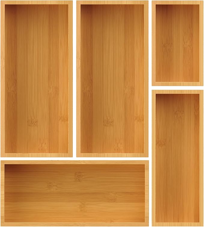 Bamboo Drawer Organizer Set, 5-Piece Storage Trays by Bayting