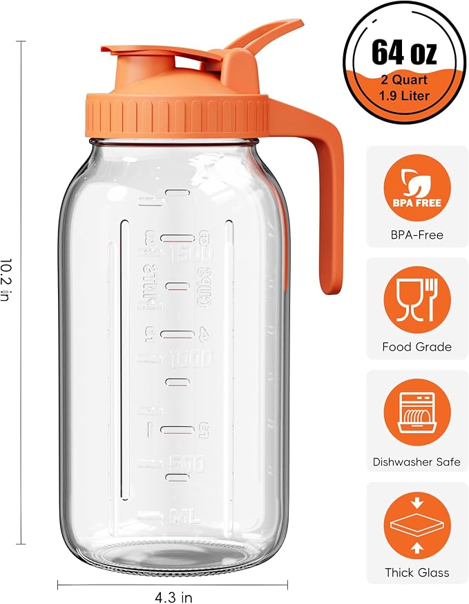 Glass Pitcher with Airtight Lid and Spout, 64oz Mason Jar Pitcher - Image 2