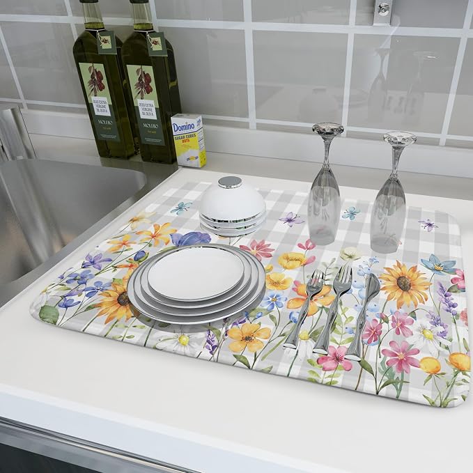 Giwawa Spring Floral Dish Drying Mat, Summer Flower Grey Buffalo Plaids Dish - Image 6