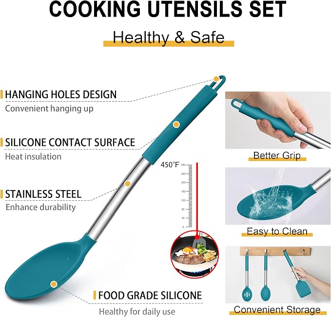 Silicone Cooking Utensils Set, E-far 14-Piece Blue Kitchen Utensils Set - Image 3