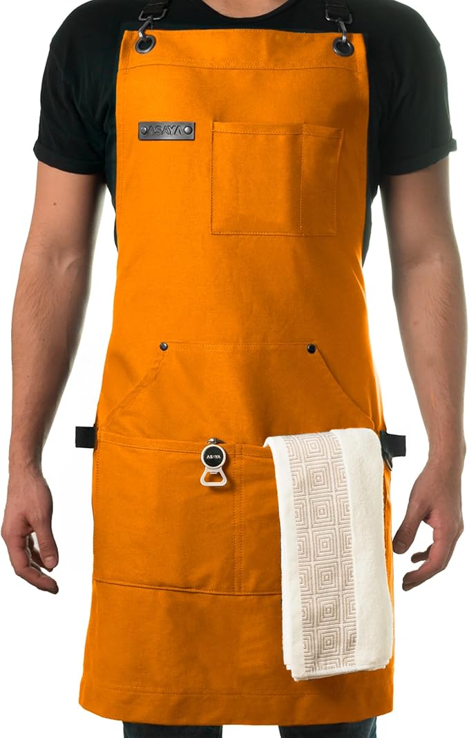 Asaya Chef and BBQ Apron with Bottle Opener and Hand Towel - 10oz Cotton Canvas by AsayaChefProducts