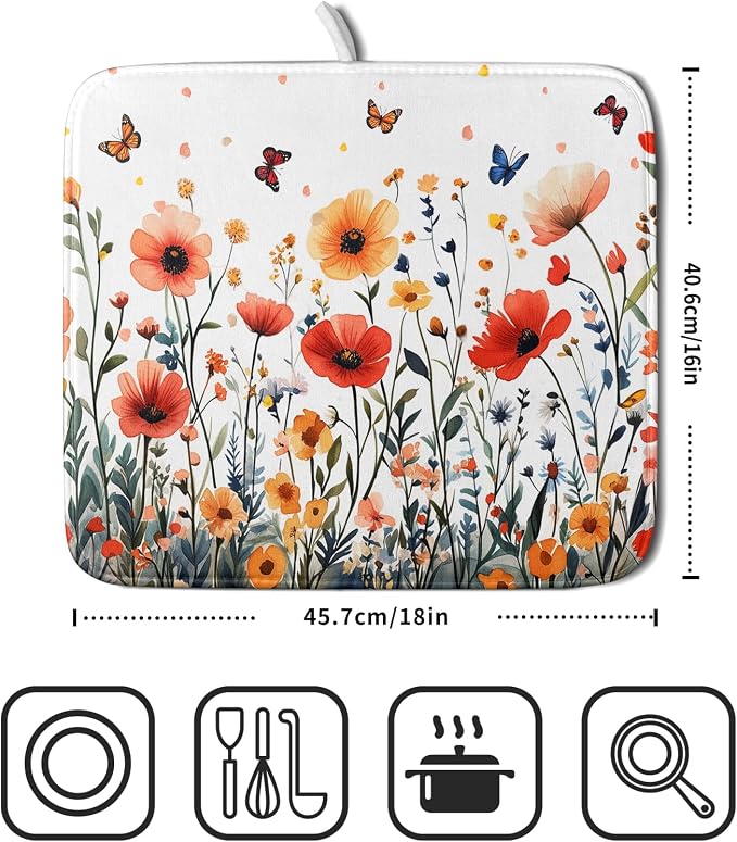 Poppy Flower Dish Drying Mat 16x18 Inch Floral Leaves Dish Drainer Protector - Image 2