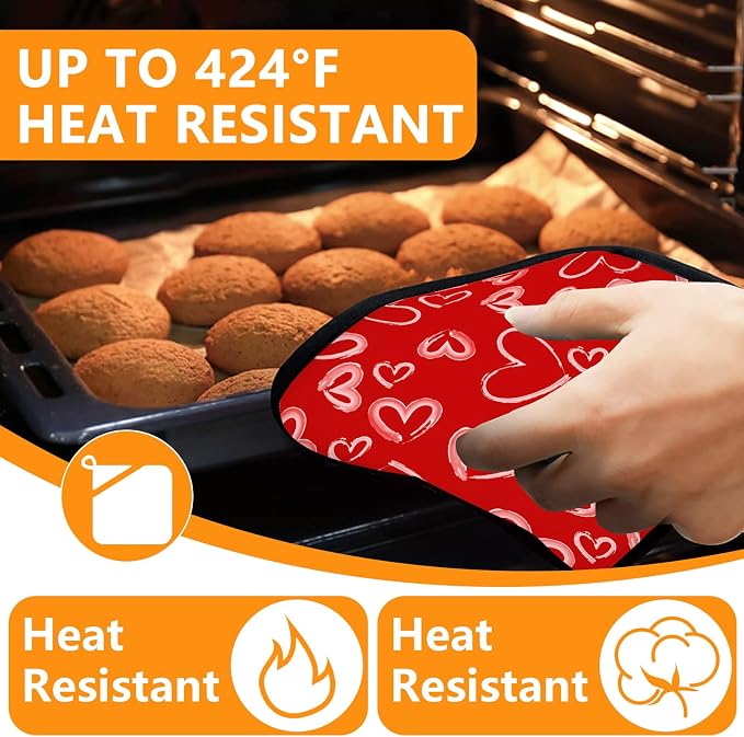 White Love Hearts Oven Mitts and Pot Holders Sets 4Pcs, Extra Long Oven Gloves - Image 4