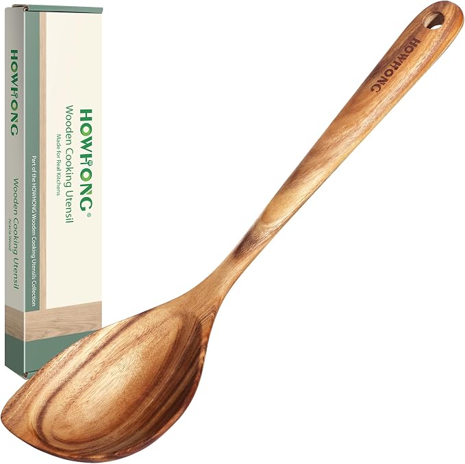 HOWHONG Corner Spoon Wooden Cooking Utensil, Long Handle Acacia Wood Spoon by HOWHONG