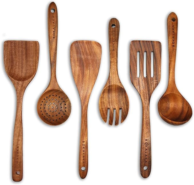 GreyWooden Kitchen Utensil Set, 100% Natural Teak Wooden Spatula by BOKALAKA