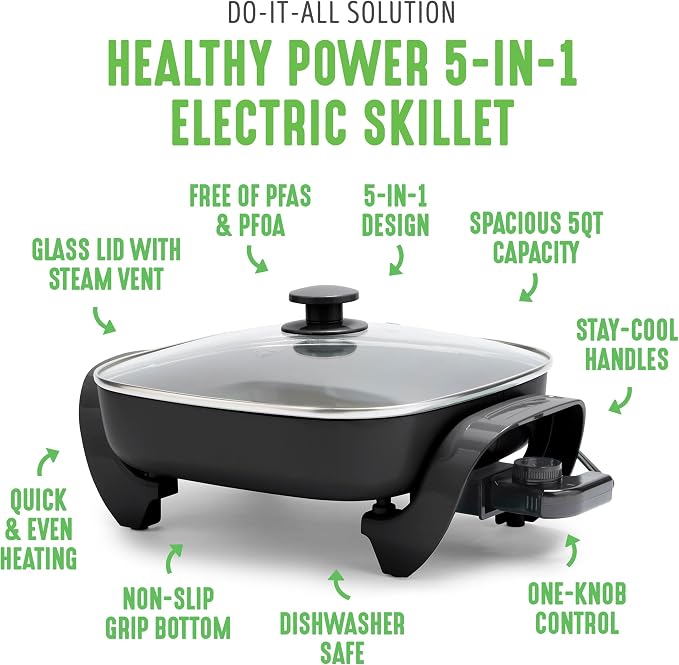 GreenLife 12" 5QT Square Electric Skillet, Glass Vented Lid, Ceramic PFAS-Free - Image 3
