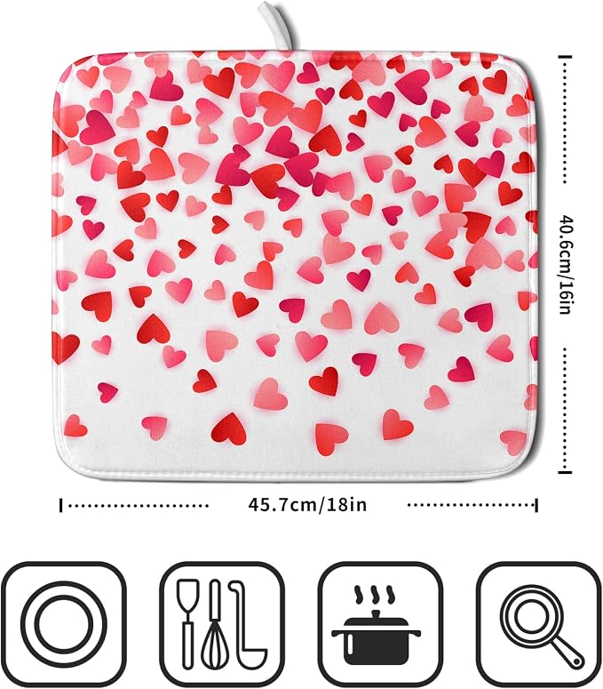 Valentines Dish Drying Mat for Kitchen Counter Hearts Holiday Microfiber - Image 2