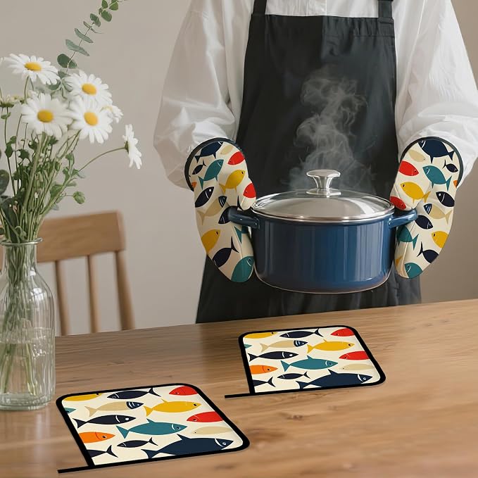 Cute Fish Oven Mitts and Pot Holders Set, Boho Kitchen Decor Heat Resistant Non - Image 7