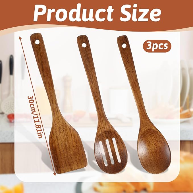 3PCS Wooden Spoons for Cooking 12 inch Non Scratch Woodens Spatulas Set - Image 2