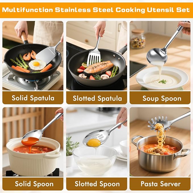 6 Pcs Cooking Utensils Set, Stainless Steel Kitchen Utensils, Heat Resistant - Image 2