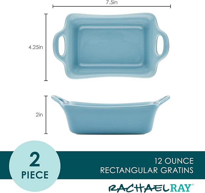 Rachael Ray Ceramics Au Gratin Set, Rectangular, Two 12-ounce, Agave Blue - Image 2