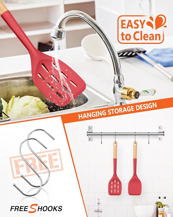 Pack of 2 Silicone Spatula, Non Stick Cooking Utensil Set Wooden Handle Kitchen - Image 4