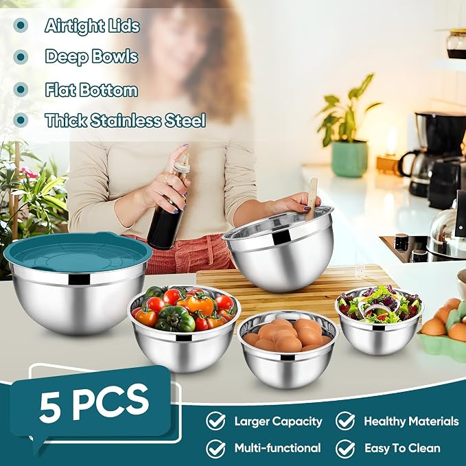 TeamFar Mixing Bowl Set of 5, Stainless Steel 4.5/3/1.5/1/0.7 QT Metal Nesting - Image 3