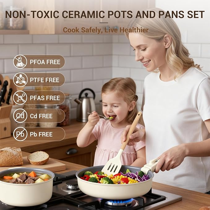 Ammeloo 18-Piece Ceramic Pots and Pans Set Non Stick, Non Toxic Cookware Set - Image 2