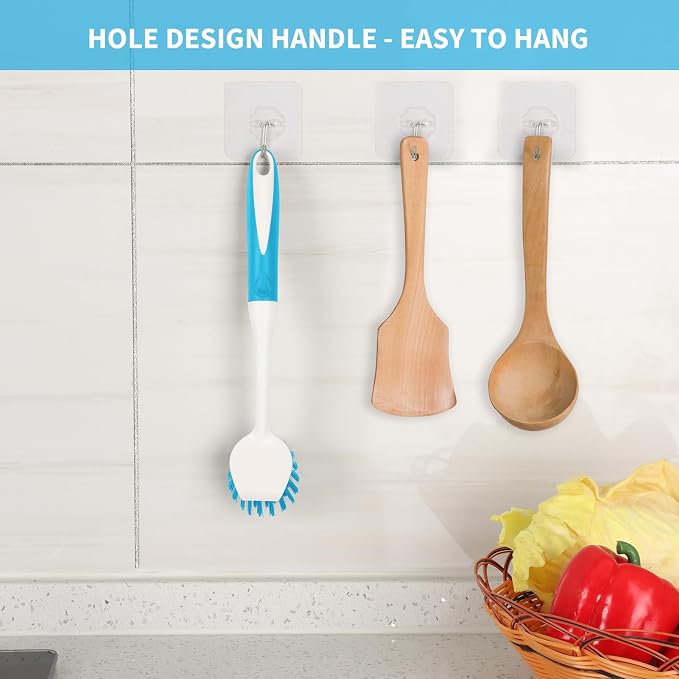 Dish Brush with Handle, 2 Pack Scrub Brushes with Built-in Scraper - Image 6