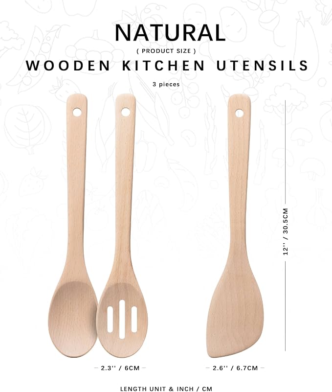 Wooden Spoons for Cooking, 3-Piece Wood Utensil Set Includes Slotted Spoon - Image 2